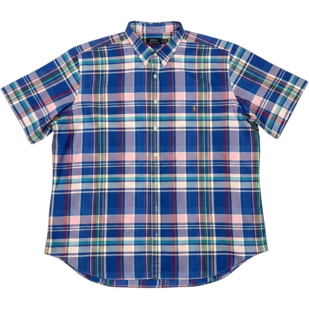 Polo Ralph Lauren Mens 3XB Shirt Blue Pink Plaid RL Untucked Fit Short Sleeve